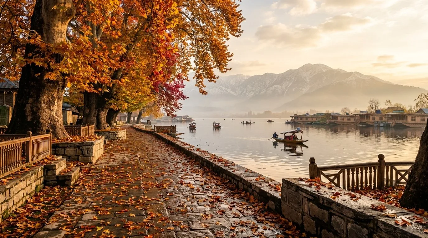 Golden Chinar trees in autumn along Dal Lake boulevard